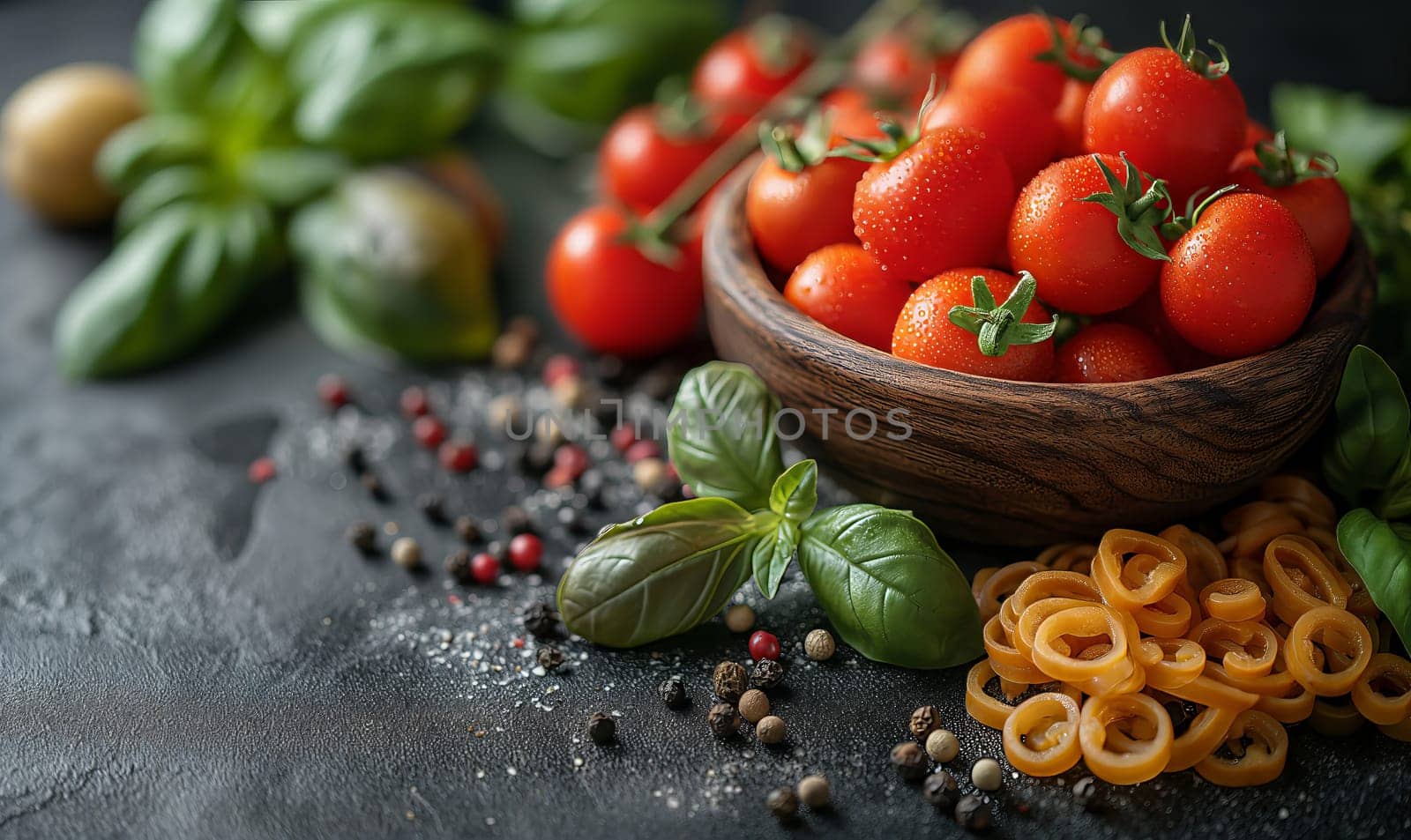 Tomatoes and basil on a dark background. by Fischeron