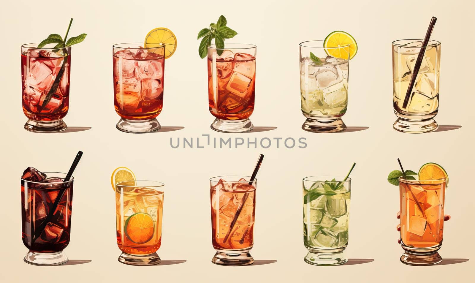 Drinks with ice cubes on a light background. Selective soft focus.