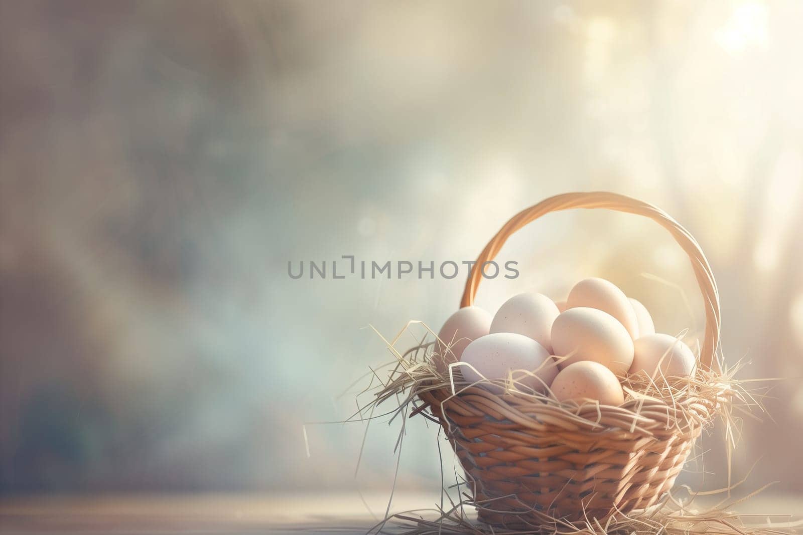 Easter basket of eggs in the sunlight with copy space ai generated image