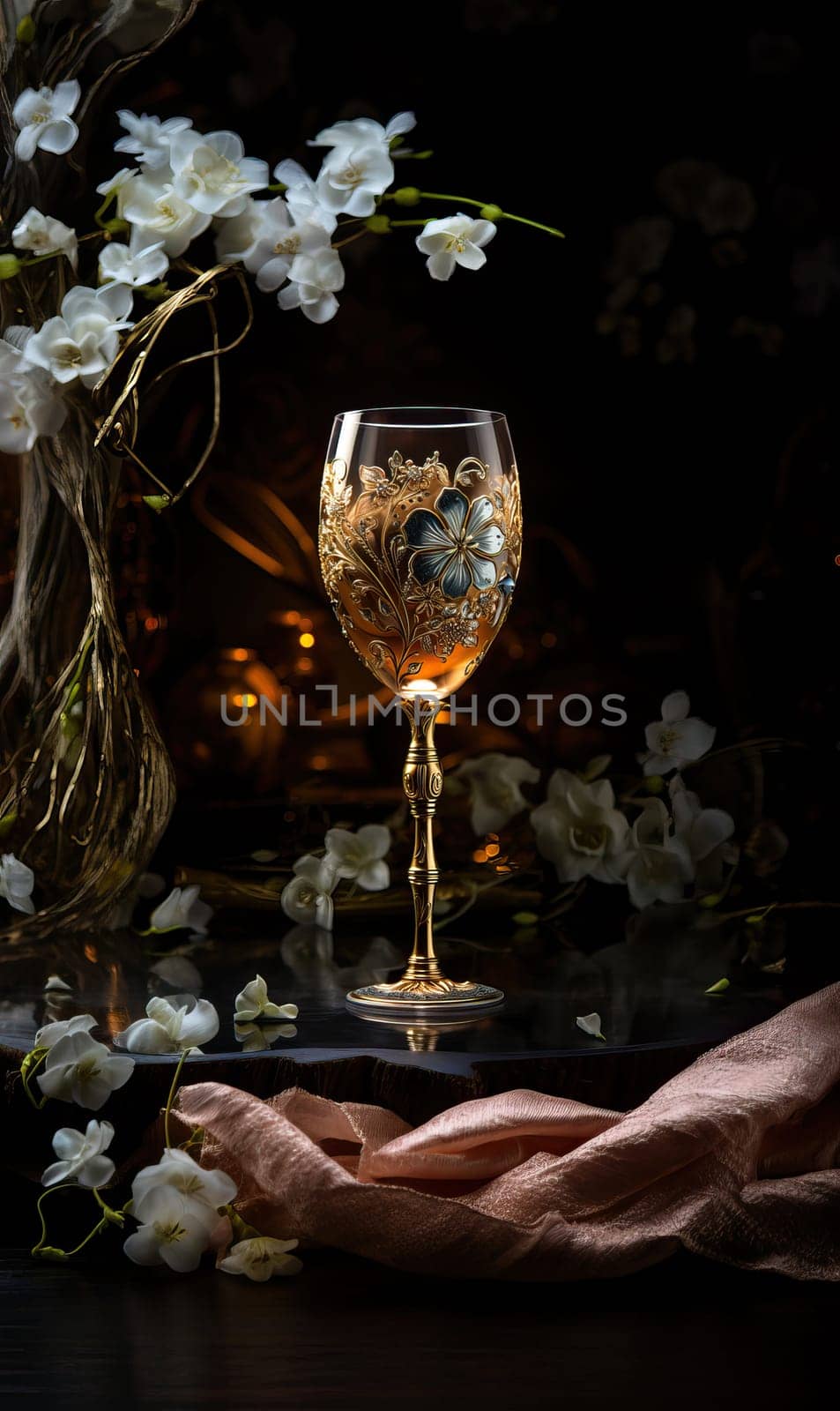 Glass of wine or champagne on a dark background. Selective soft focus