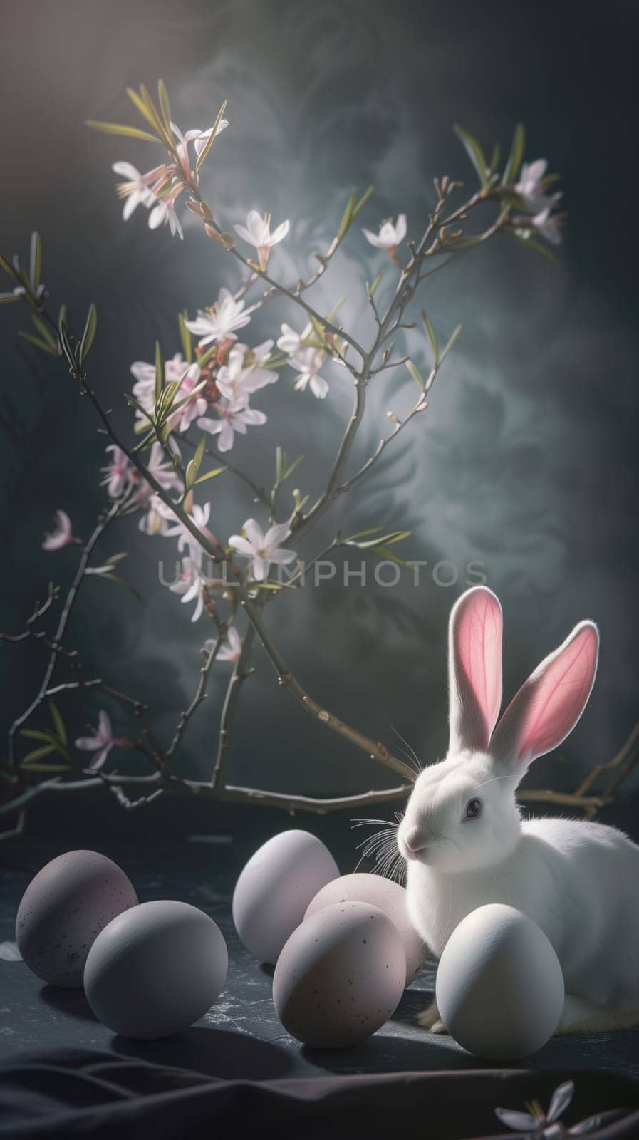 Easter bunny with eggs vertical background ai generated image