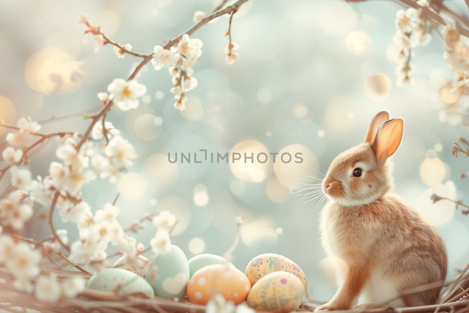 Easter background with bunny and eggs in bokeh ai generated image
