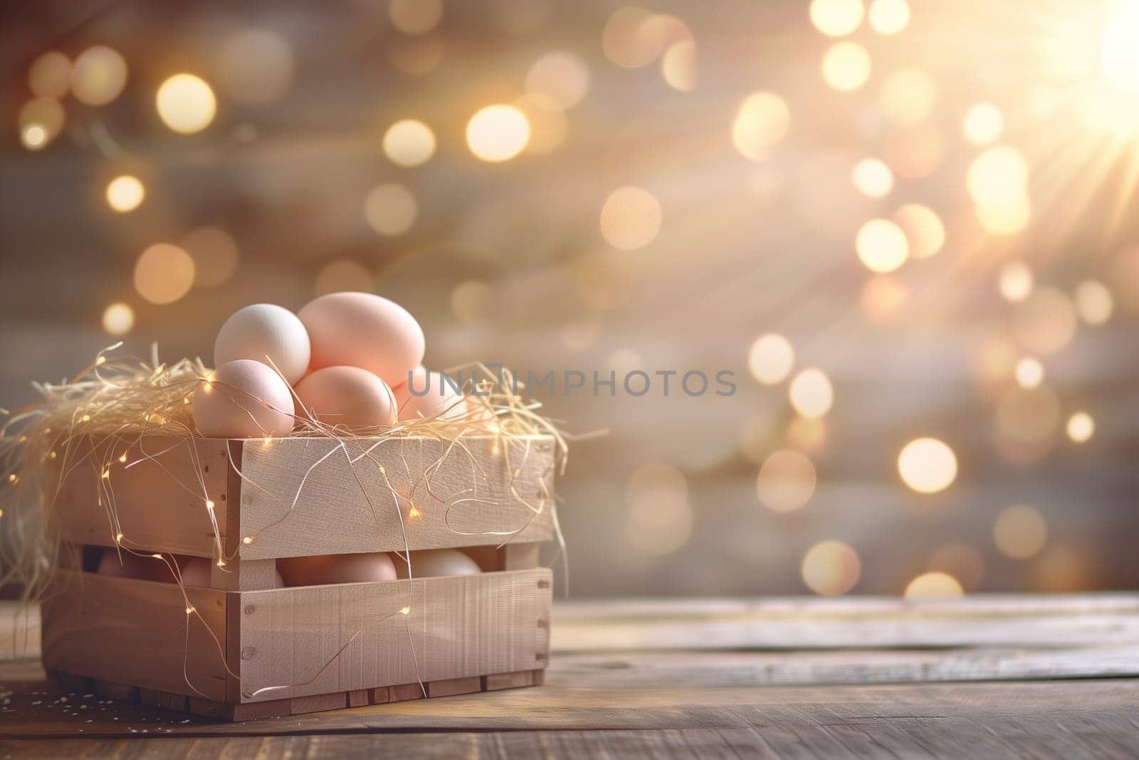 Easter background with box of eggs in the sunlight bokeh by Dustick