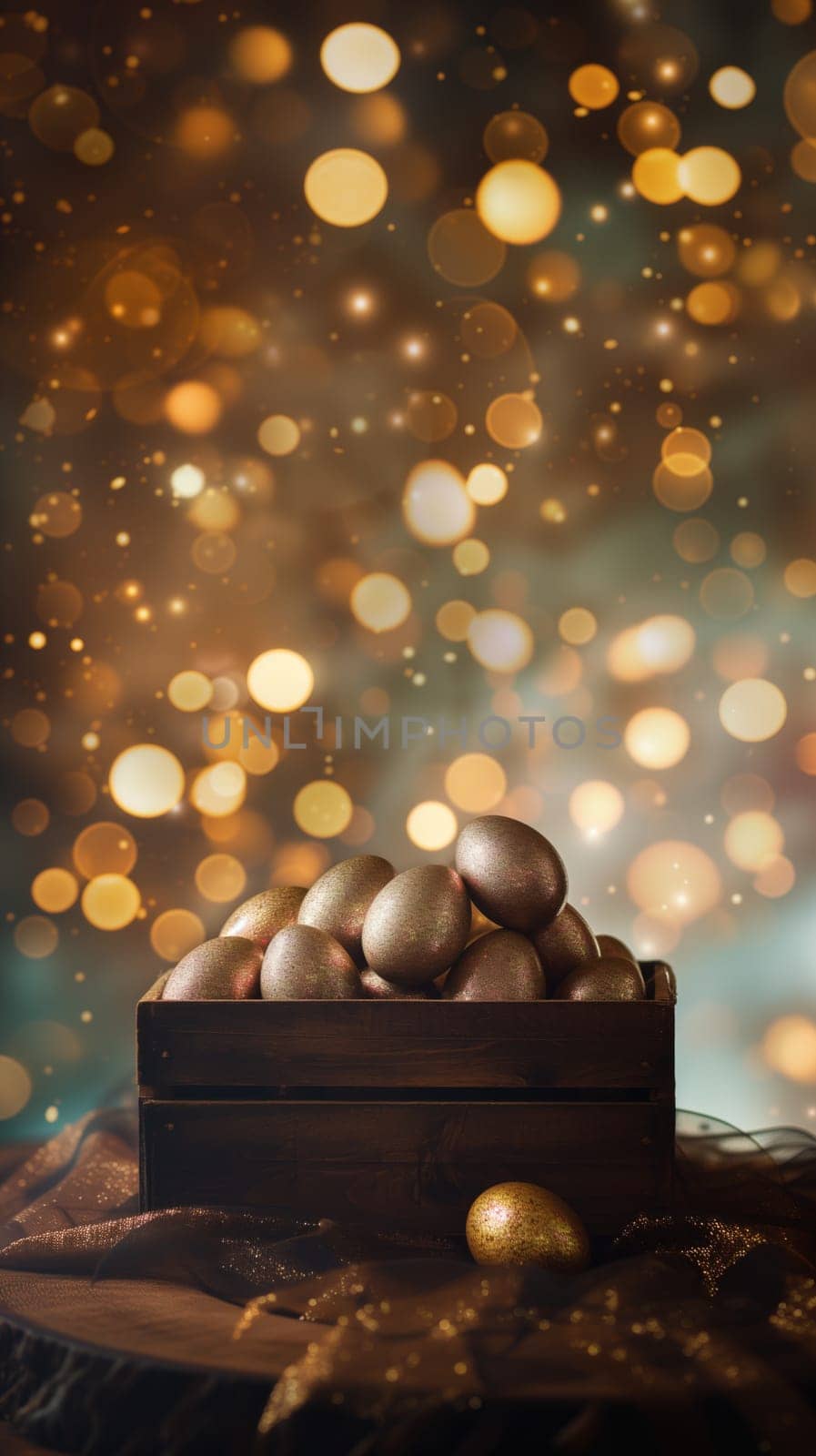 Wooden box with golden eggs vertical background ai generated image