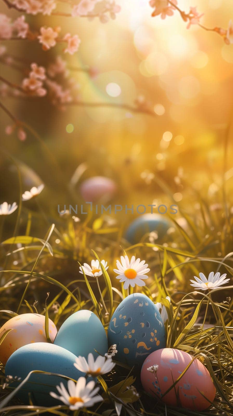 Easter eggs in grass with sunlight background by Dustick