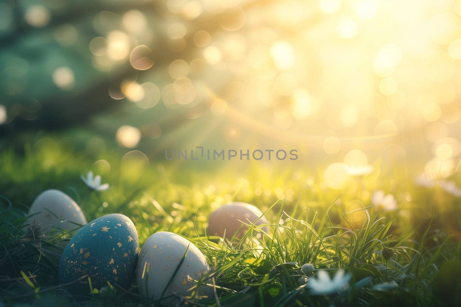 Easter background with colored eggs in the sunlight ai generated image