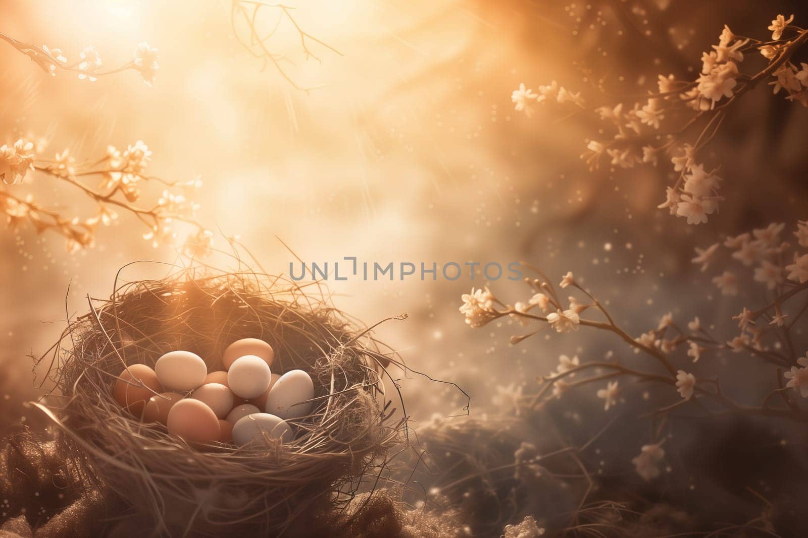Easter background with basket of eggs in the sunlight by Dustick