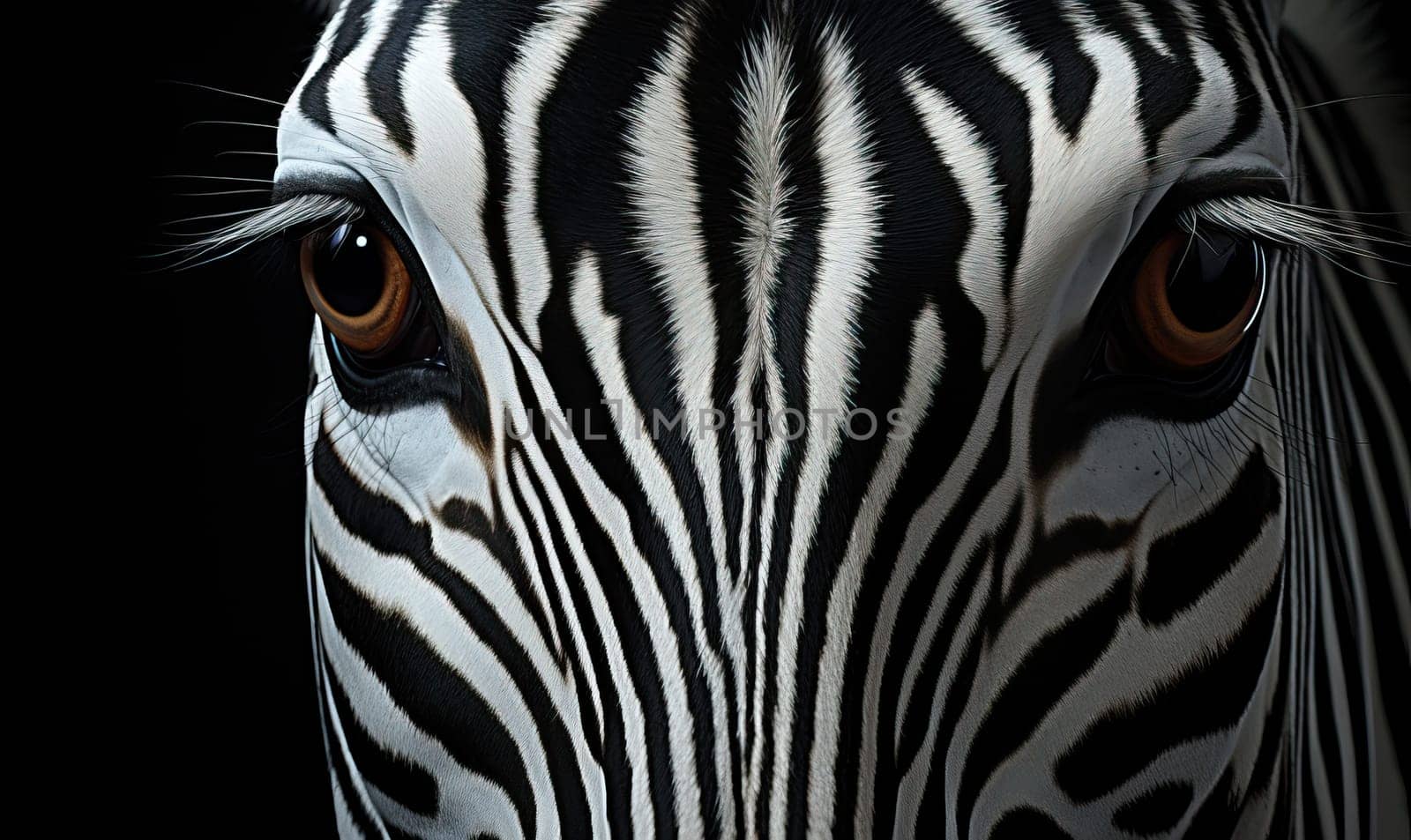 Image of a zebra's face on a black background. Selective soft focus