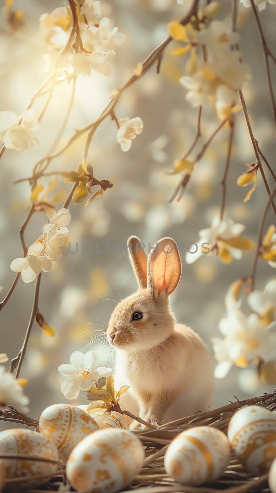 Easter bunny with eggs vertical background ai generated image