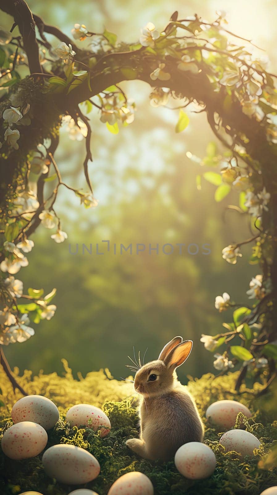 Easter bunny with eggs vertical background ai generated image