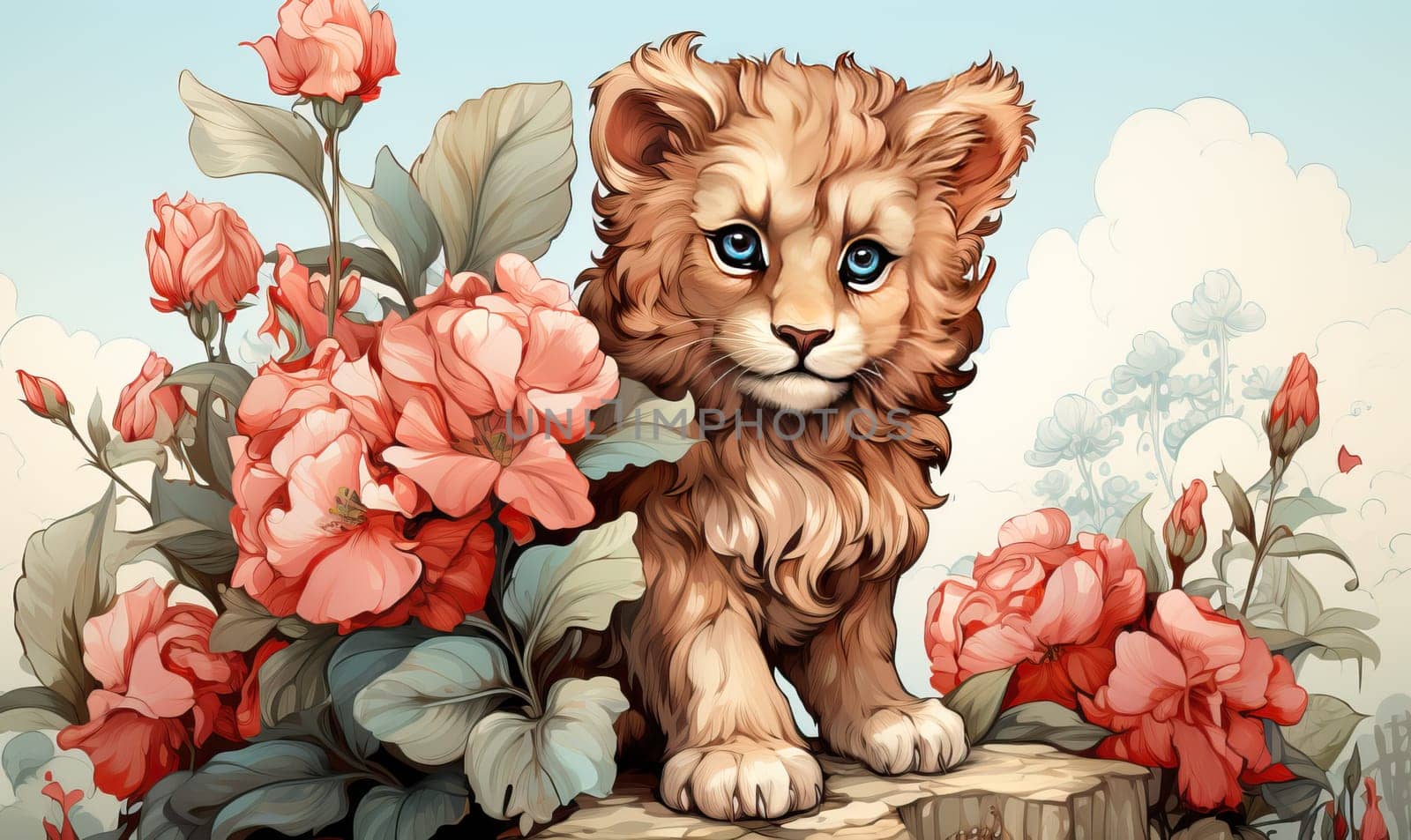 Color illustration of a lion cub on a natural background. Selective soft focus.