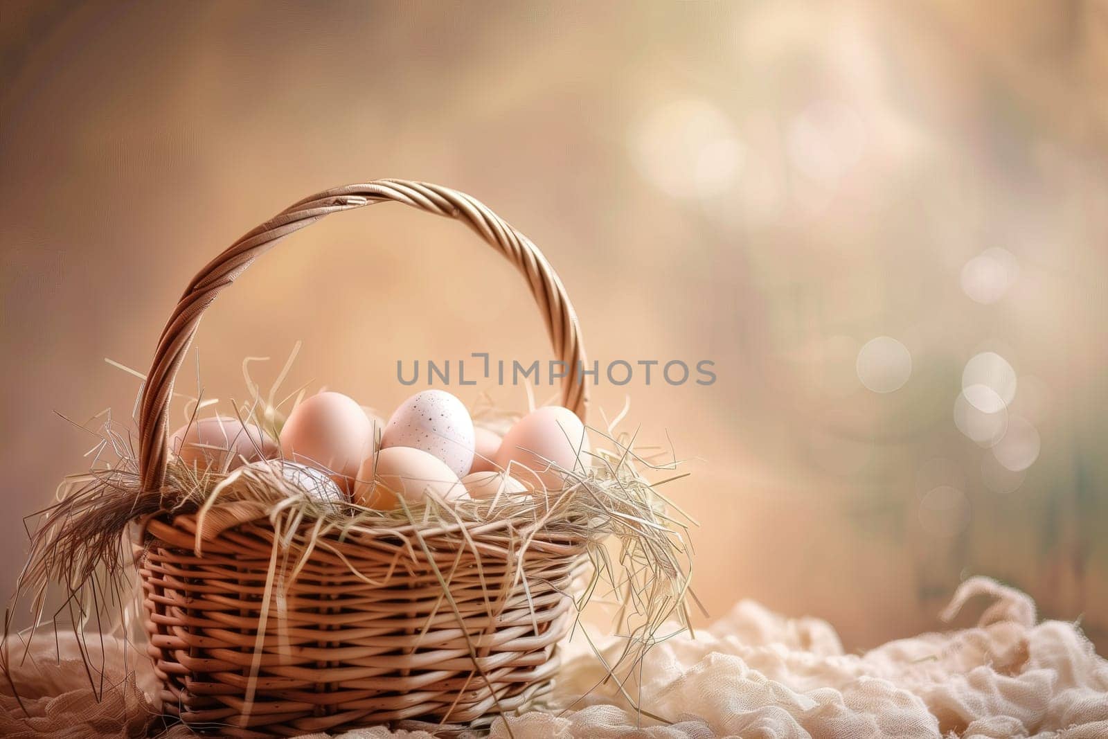 Easter background with basket of eggs in the sunlight ai generated image