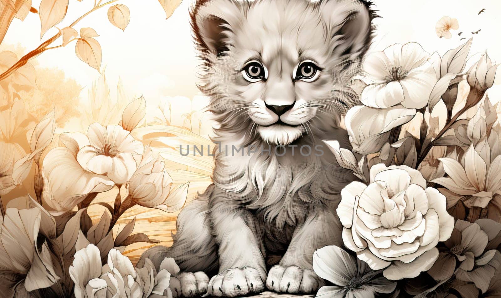 Illustration of a lion cub in black and white. by Fischeron