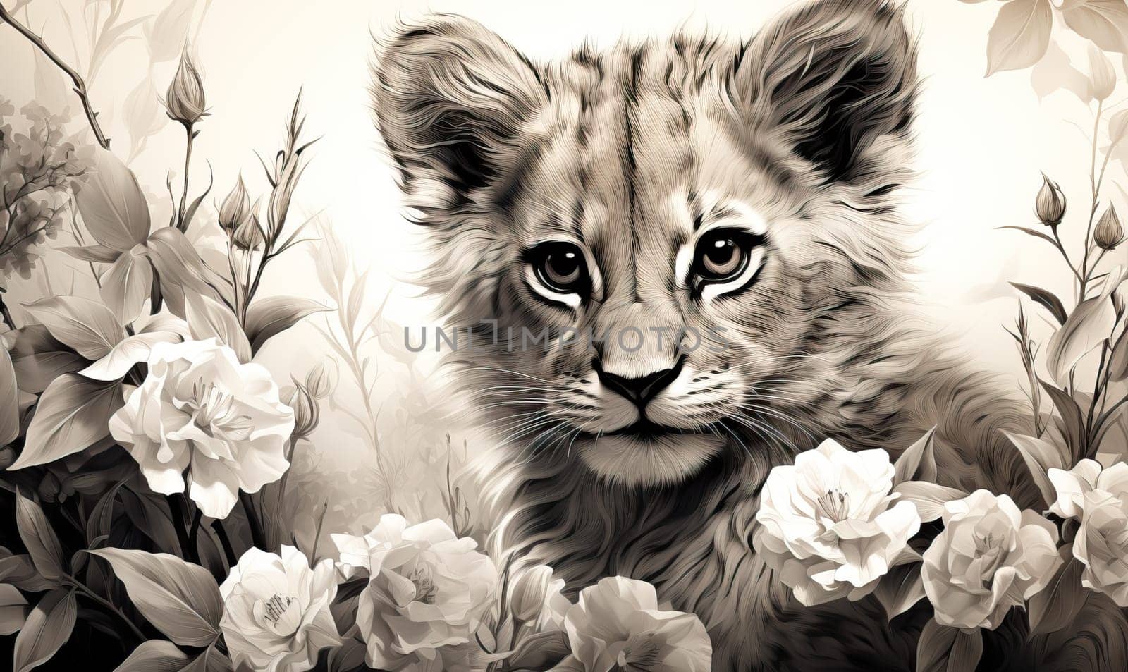 Illustration of a lion cub in black and white. by Fischeron