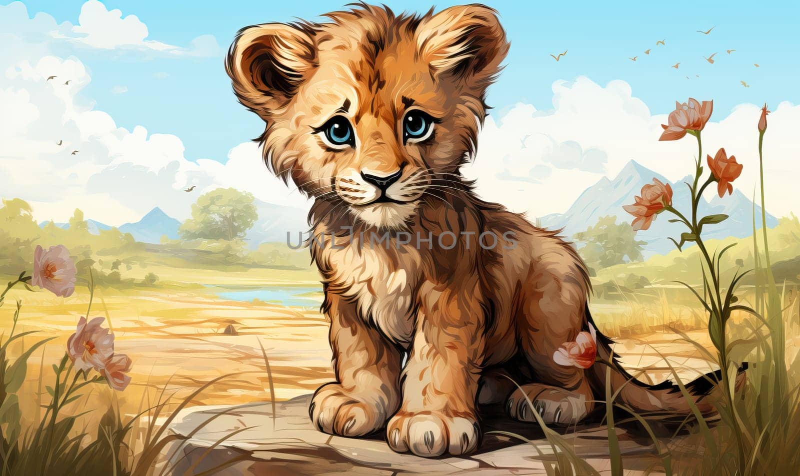 Color illustration of a lion cub on a natural background. by Fischeron