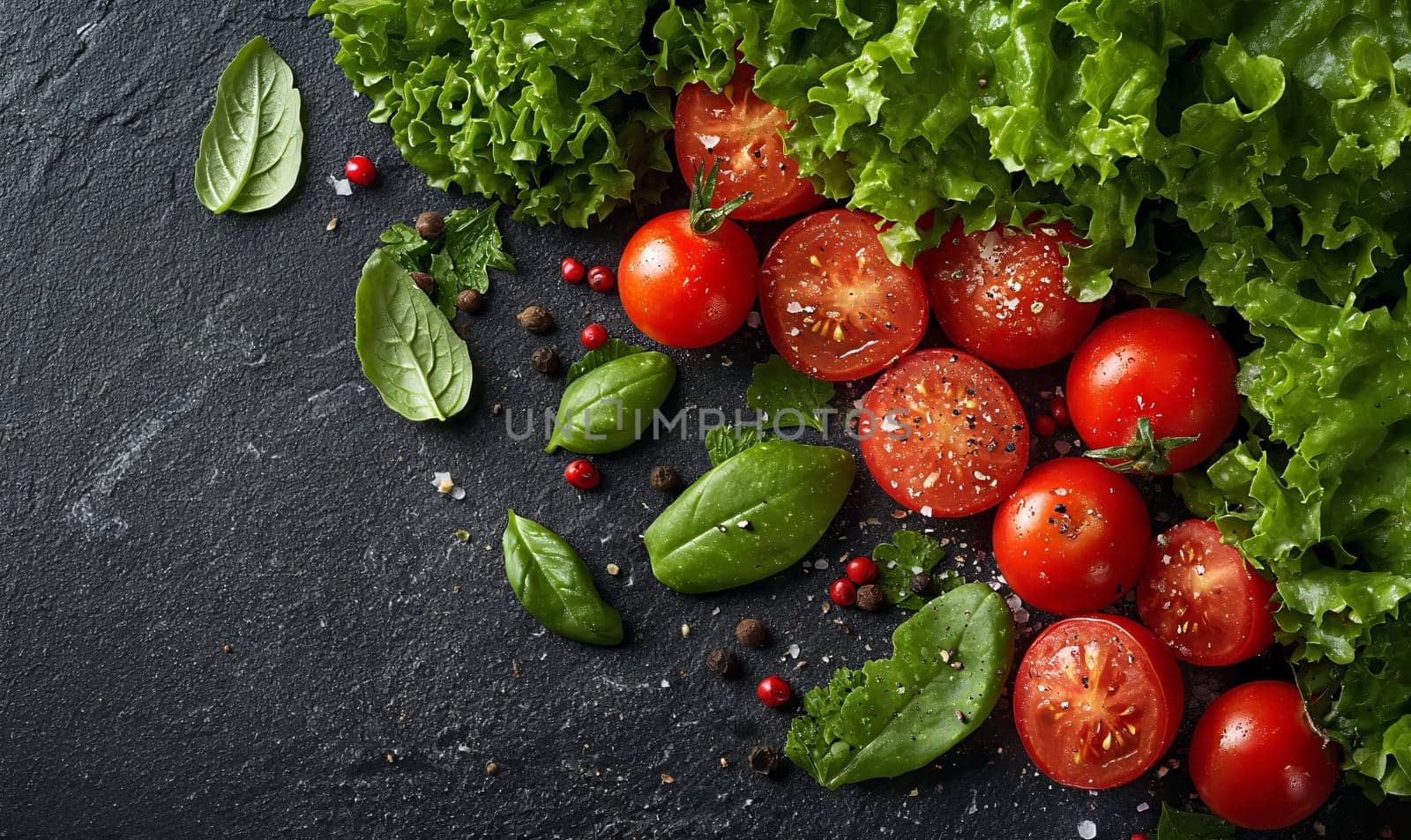 Tomatoes and basil on a dark background. by Fischeron