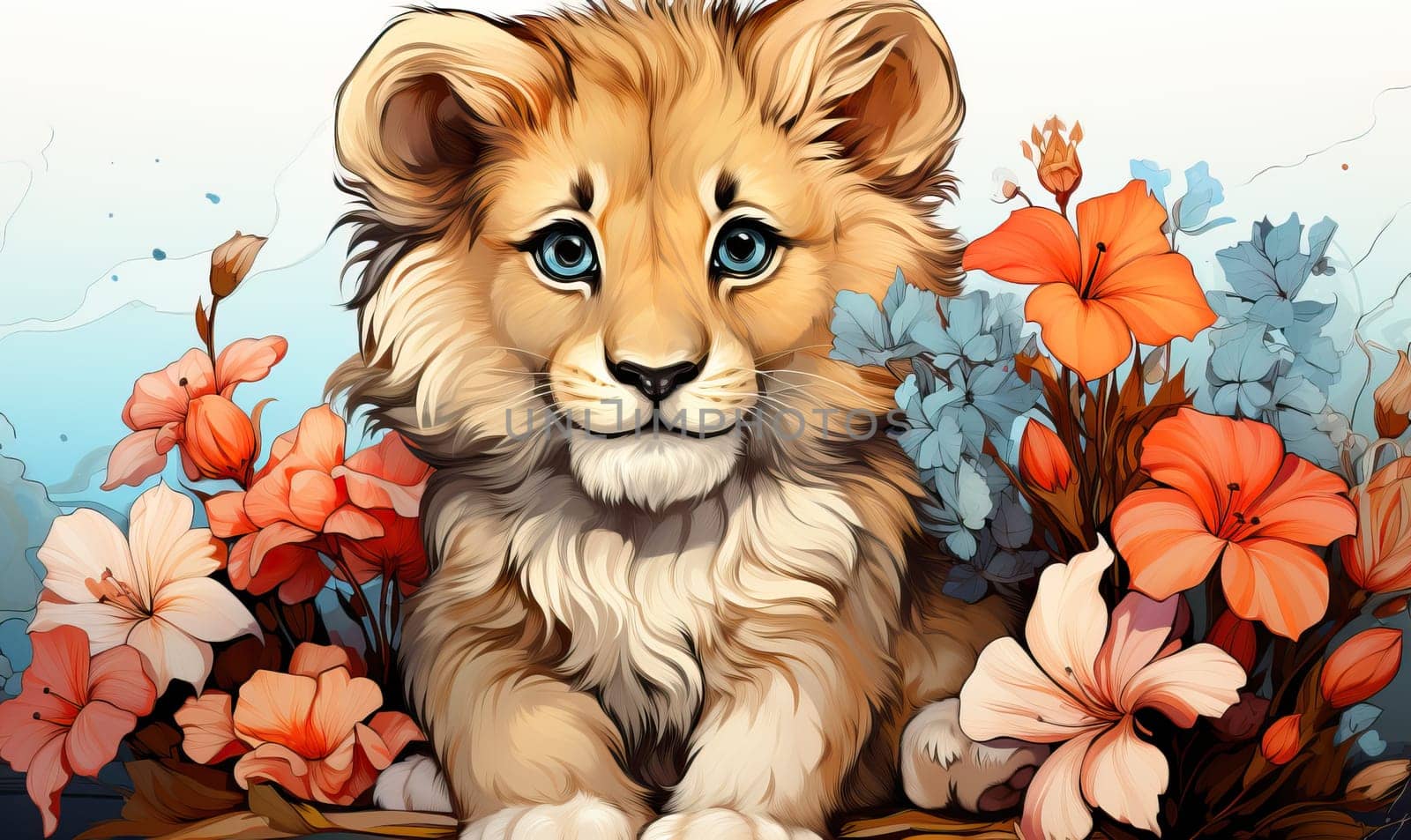 Color illustration of a lion cub on a natural background. by Fischeron