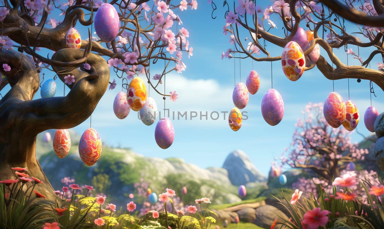 3D, cartoon Easter eggs hanging on tree branches. Selective soft focus.