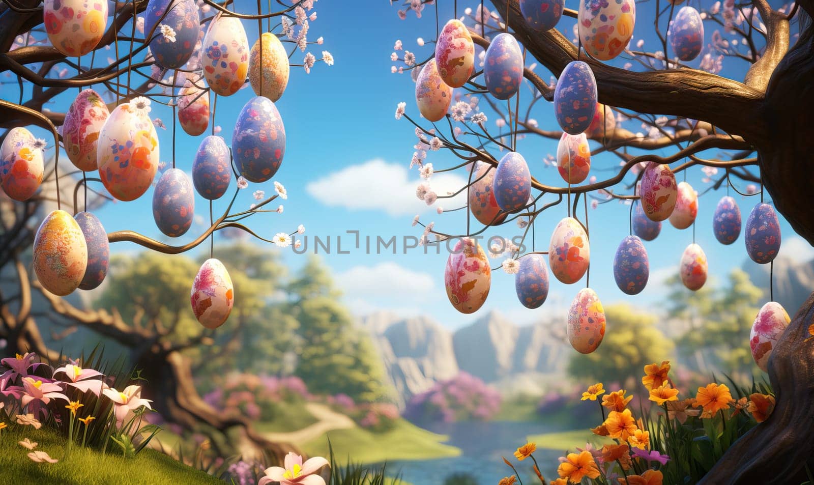 3D, cartoon Easter eggs hanging on tree branches. by Fischeron