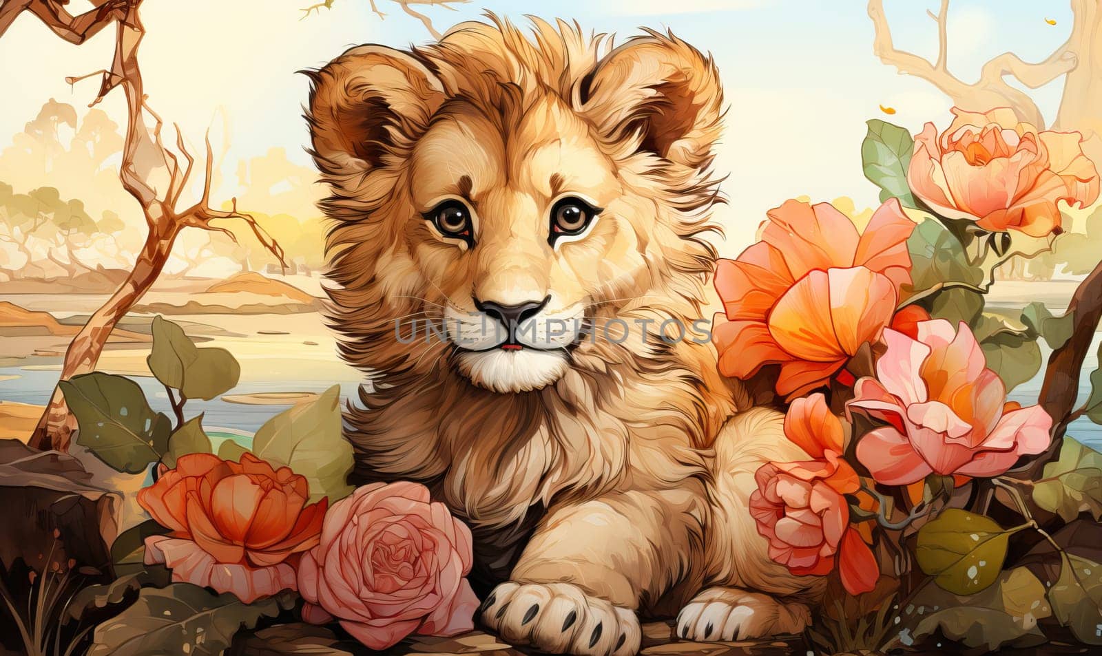 Color illustration of a lion cub on a natural background. by Fischeron