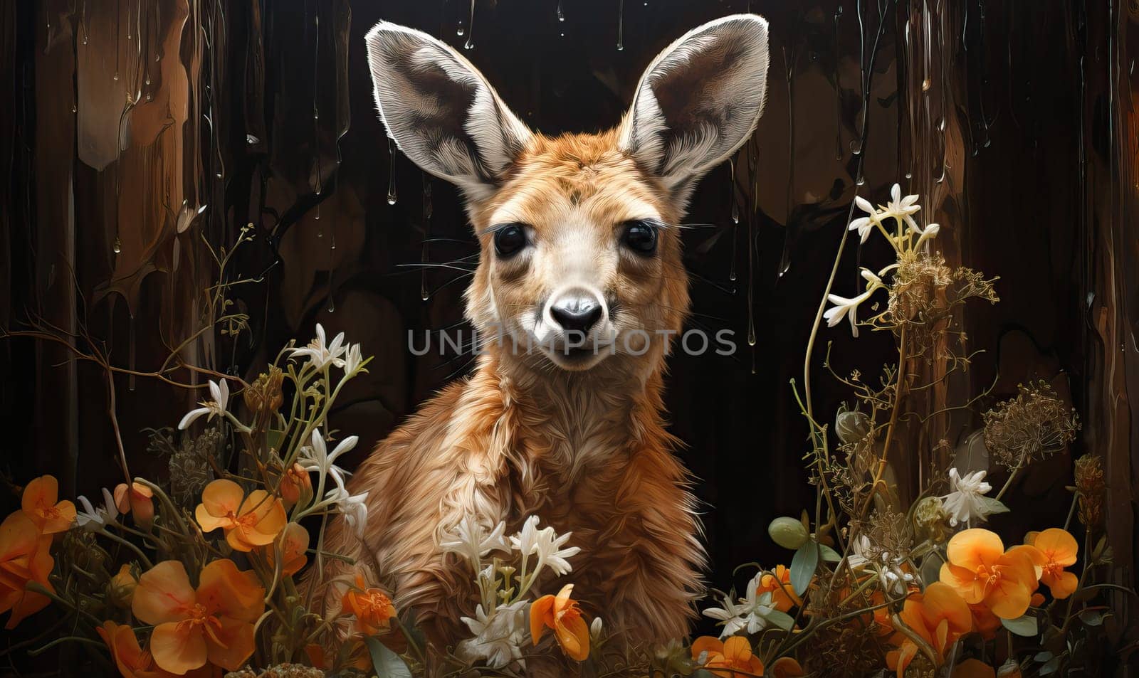 Creative colorful image of a kangaroo in vegetation. Selective soft focus