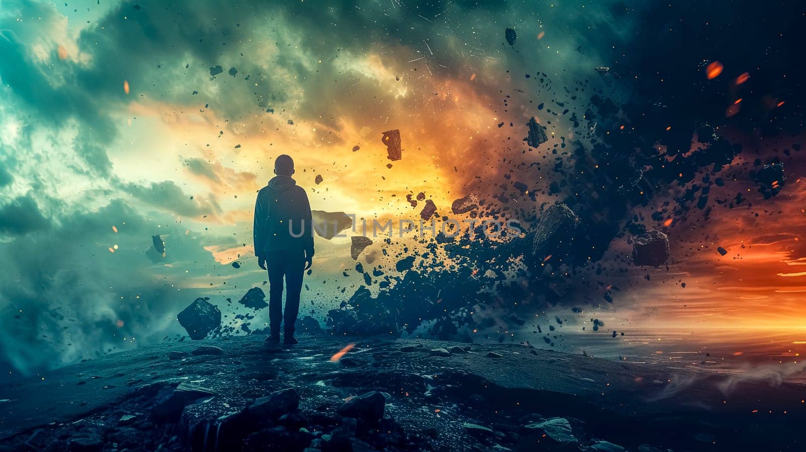 a man is standing on top of a rocky hill in front of a sunset, explosion and natural disaster by Edophoto