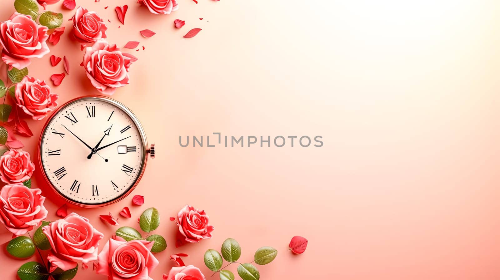 A clock is encircled by red roses on a lovely pink background, creating a happy and vibrant display of flowers and time