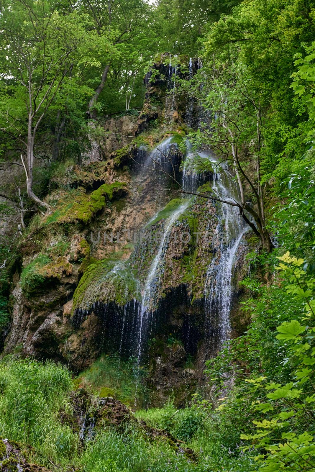 Waterfall Bad Urach at Southern Germany Longexposure. Cascade panorama in Bad Urach Germany is a popular natural attraction and waterfall sight called Uracher Wasserfall . Natural reserve in autumn season with colorful foliage and longtime exposure. Panoramic view of Bruehlbach creek or brook with cascade in Bad Urach, Germany near waterfall sight Uracher Wasserfall . Natural reserve on a summer morning after heavy rain in lush forest by Andrii_Ko