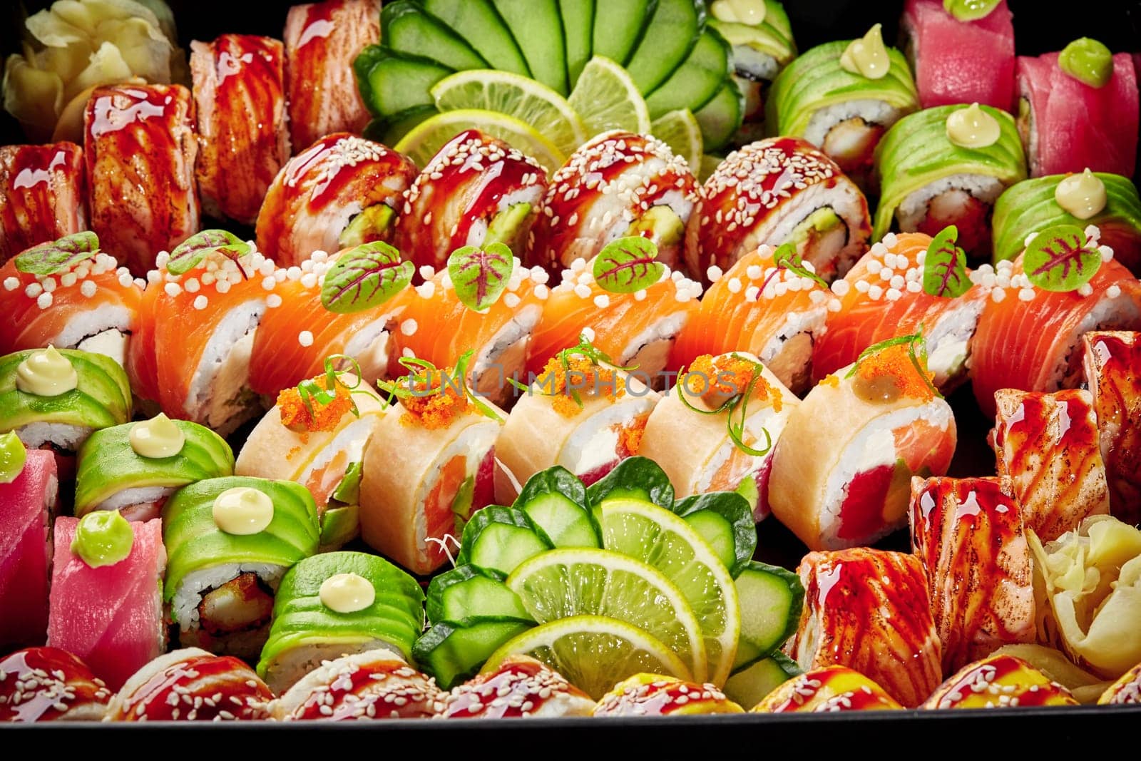 Set of various uramaki with salmon, tuna, eel and avocado topped with masago roe, unagi sauce, sesame and mayo drops packed in cardboard box on black background. Takeaway food concept