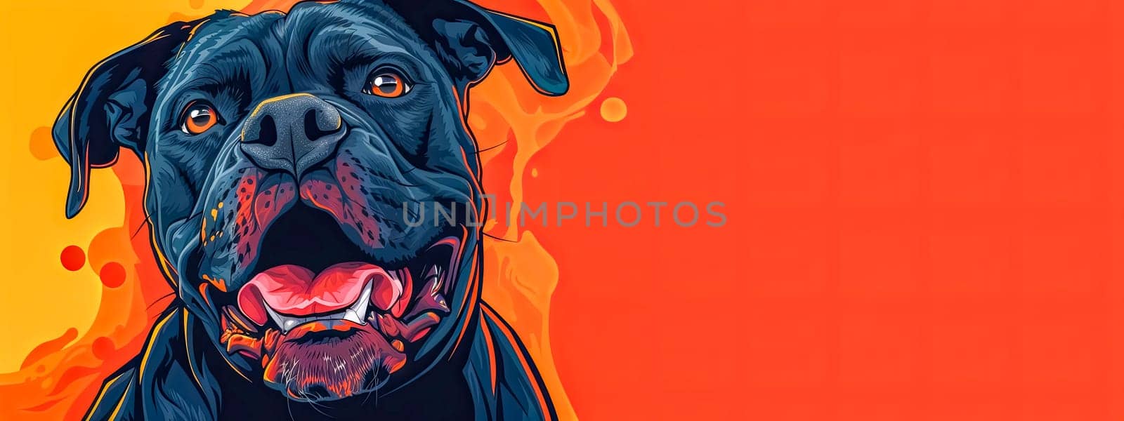 a painting of a black dog with its tongue out on a red and yellow background, copy space by Edophoto