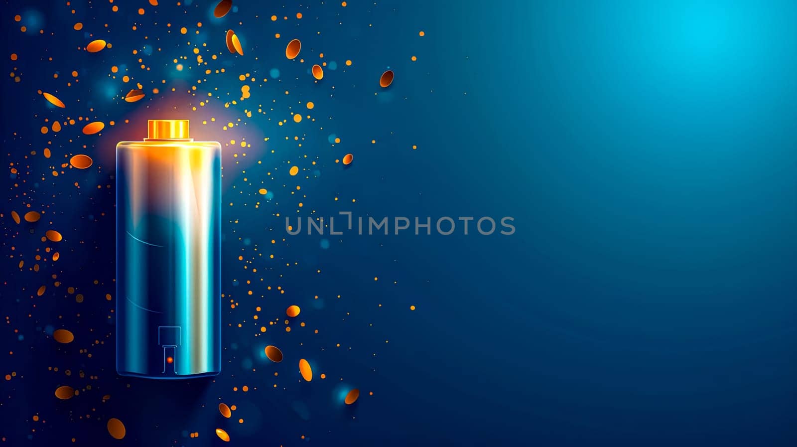 An electric blue battery is exploding with sparks on a blue background, creating a dramatic lighting effect reminiscent of a street light or candle in an atmospheric event