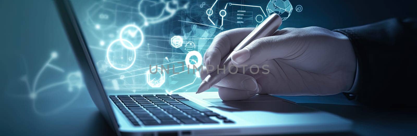 Hands typing on keyboard. Programming online database. Data processing center concept. by Benzoix