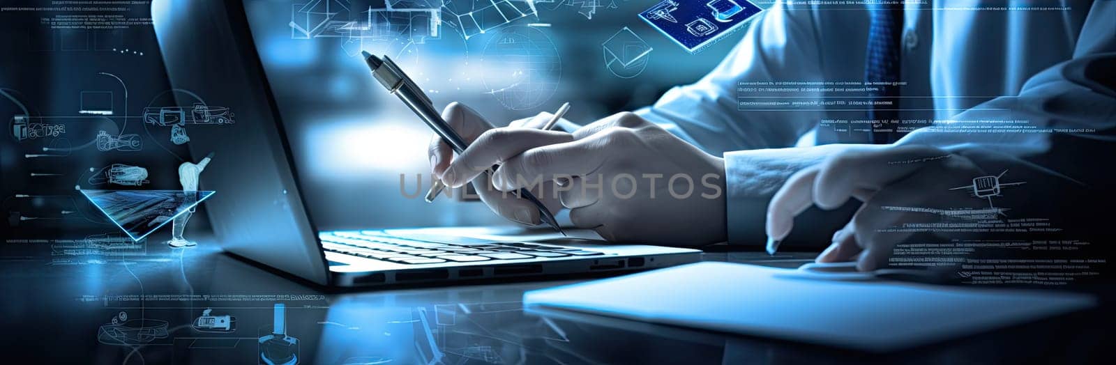 Hands typing on keyboard. Programming online database. Data processing center concept