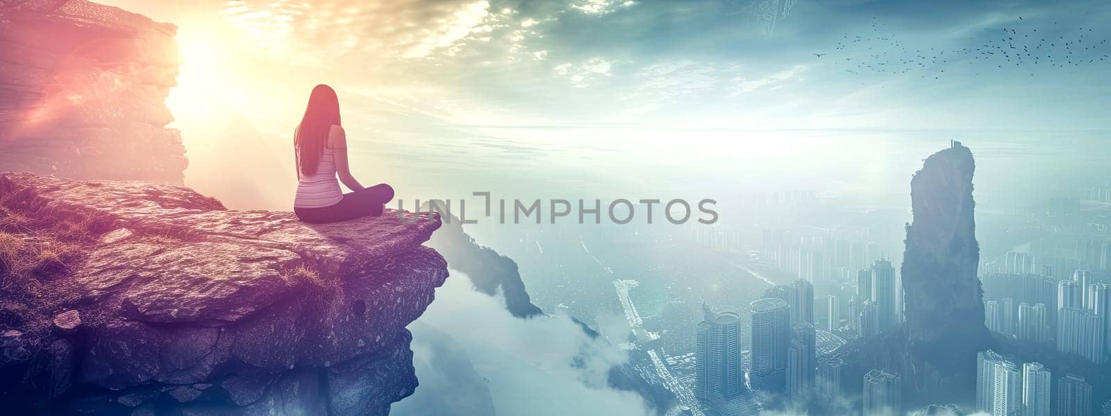 A woman perched on the cliffs edge gazes at the city below, with the sky filled with cumulus clouds and the horizon painted in shades of liquid blue