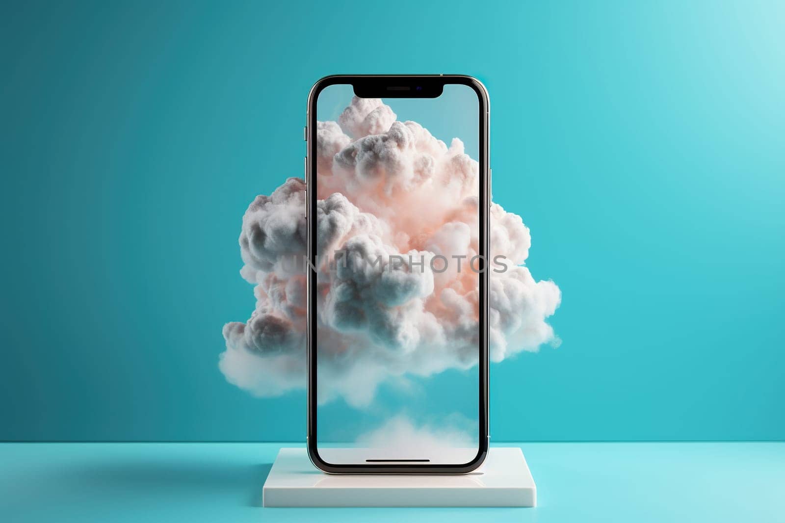 Realistic image of clouds on a smartphone screen. The concept of high-quality photographs on a smartphone.