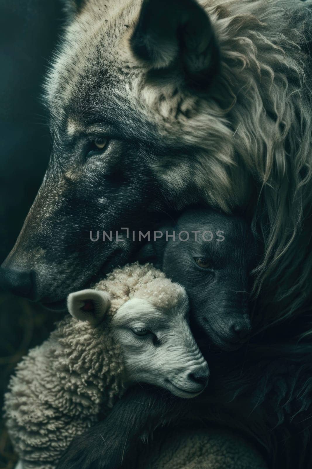 A wolf wraps its body around a sheep in a heartfelt embrace, captured in the cover of darkness.