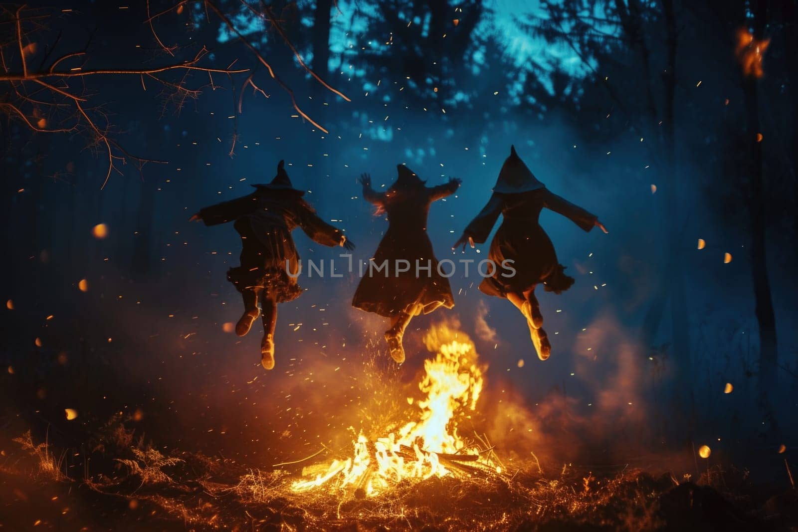 Three individuals from a coven are joyfully leaping over a blazing fire in the midst of a wooded area.