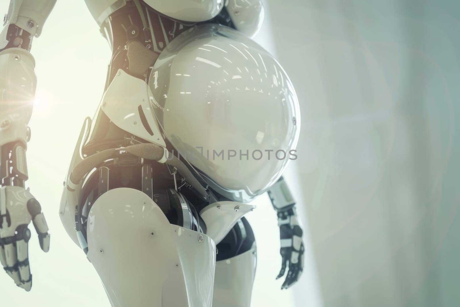 A pregnant robot woman wearing a white and black suit holds a white object.