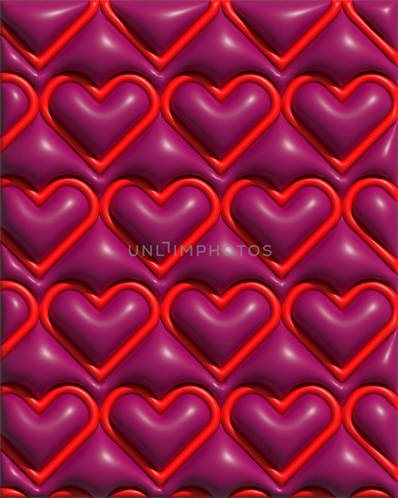 Red inflated hearts, 3D rendering illustration, pattern