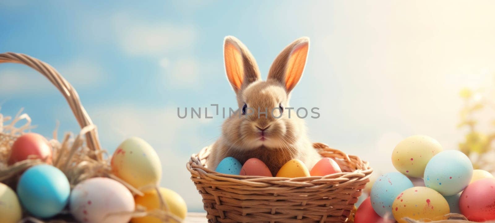 Adorable Bunny with Colorful Easter Eggs in a Wicker Basket.