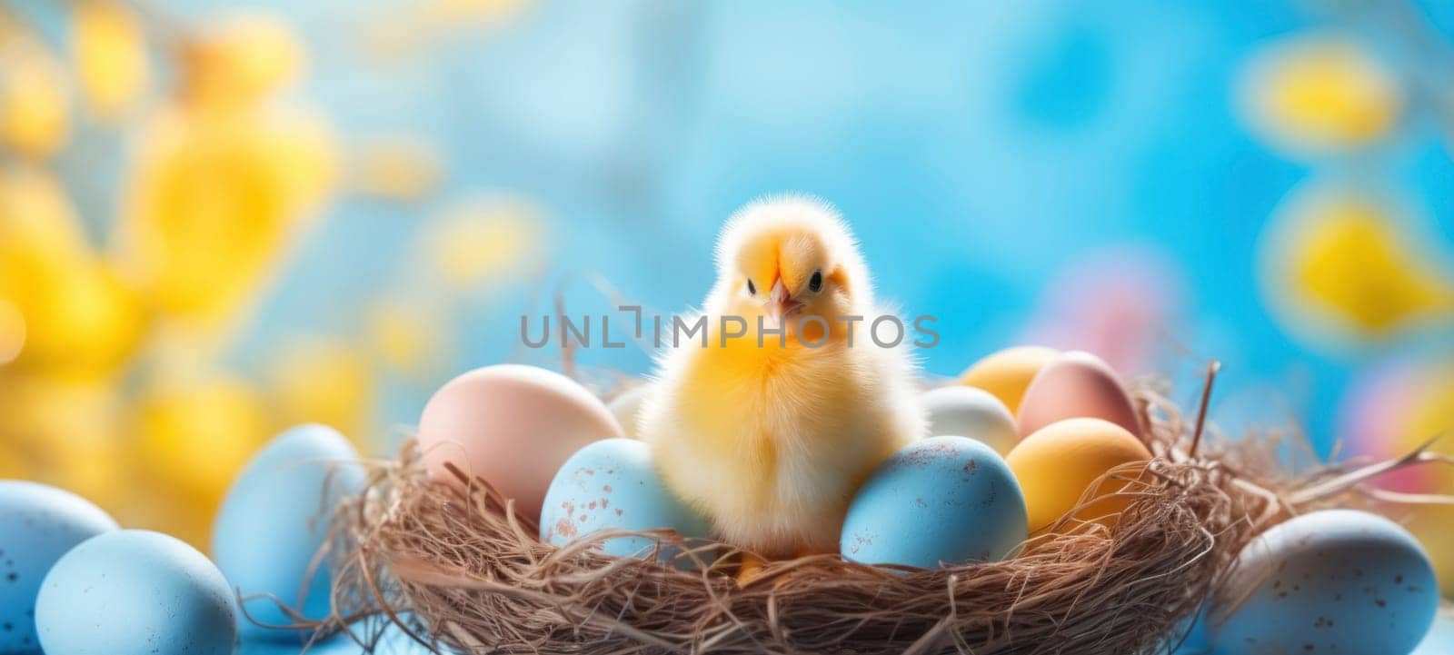 A fluffy yellow chick sits amidst colorful speckled Easter eggs, symbolizing spring and festivity.