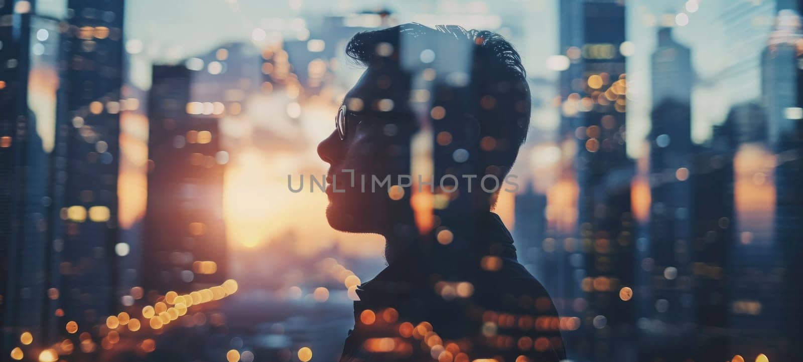 Contemplative male silhouette against a backdrop of urban twilight and city lights.