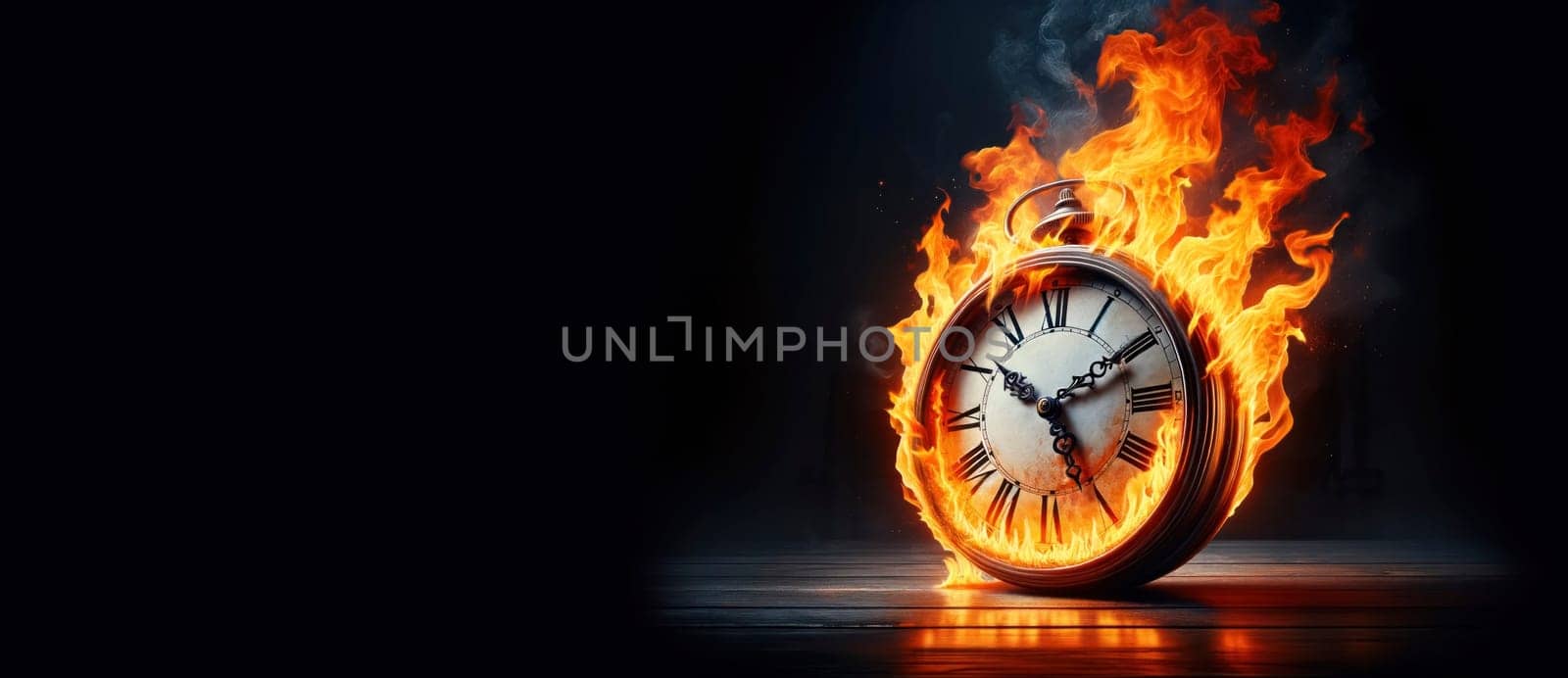 Clock face engulfed in flames, depicting the transient essence of time