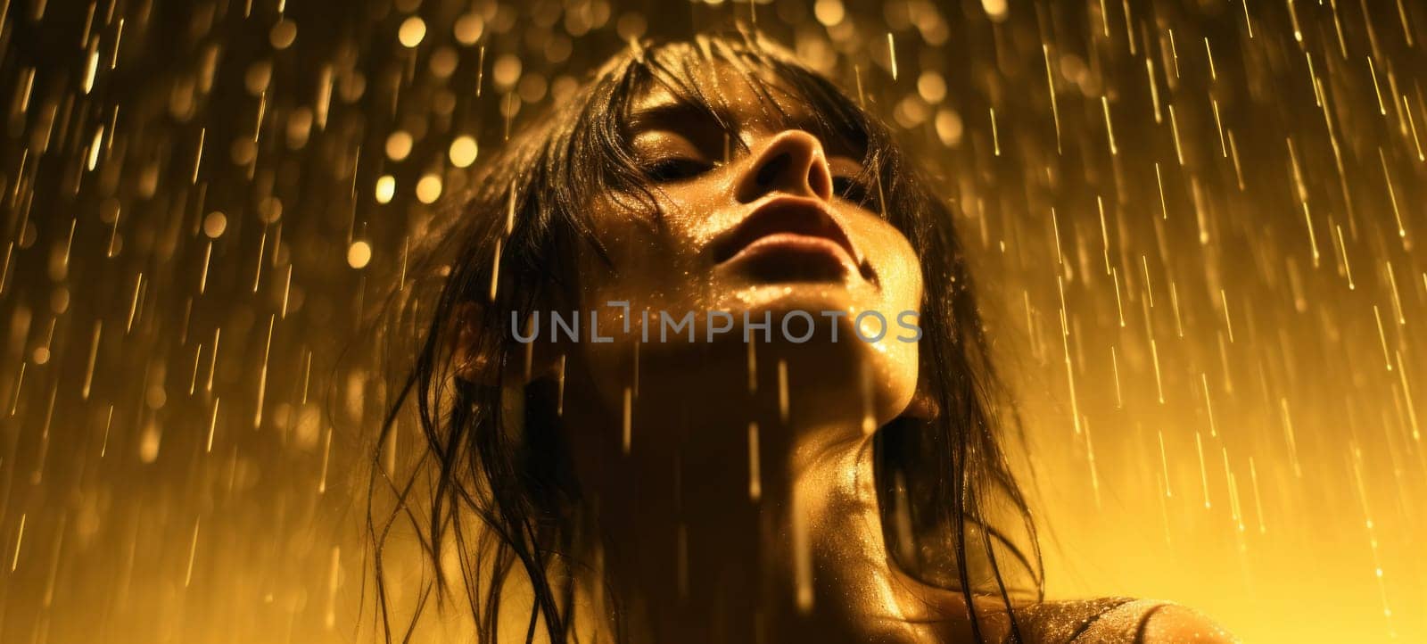 A woman basks in a golden shower of rain, with a sense of freedom and rejuvenation, highlighted by the warm lighting.