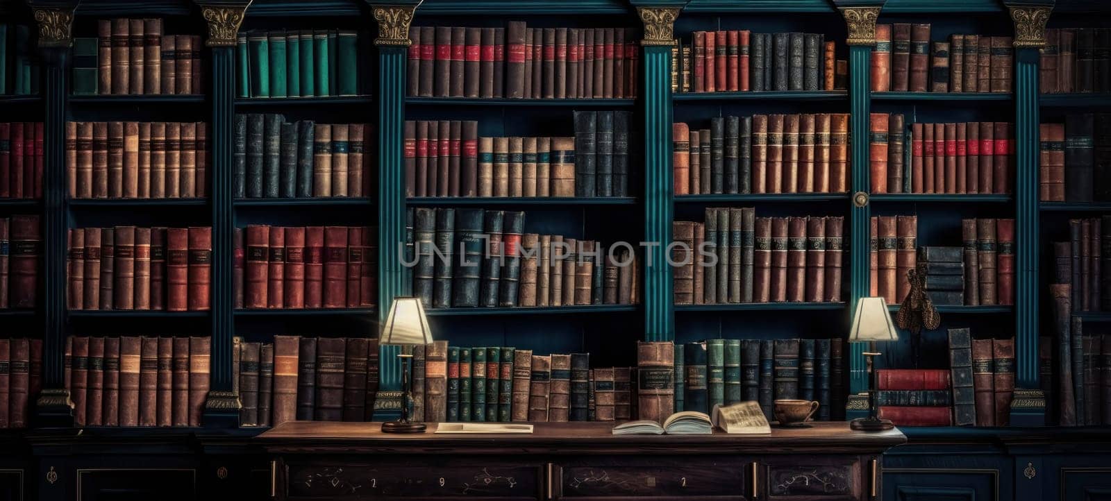 An extensive collection of various books organized neatly on wooden shelves in a private library.