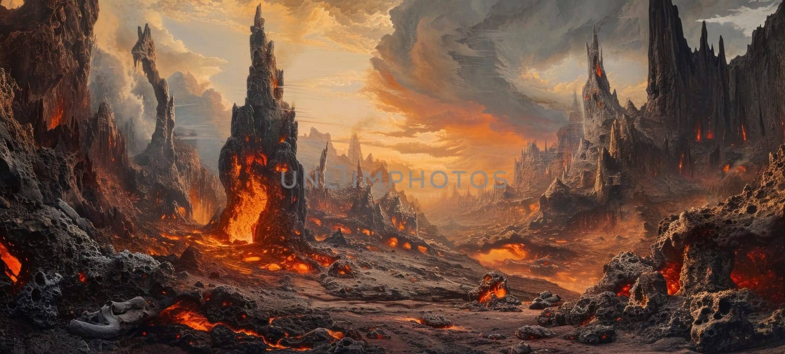 A fantasy landscape painting depicts a volcanic apocalypse with fiery skies and lava fields, evoking a sense of awe and danger.