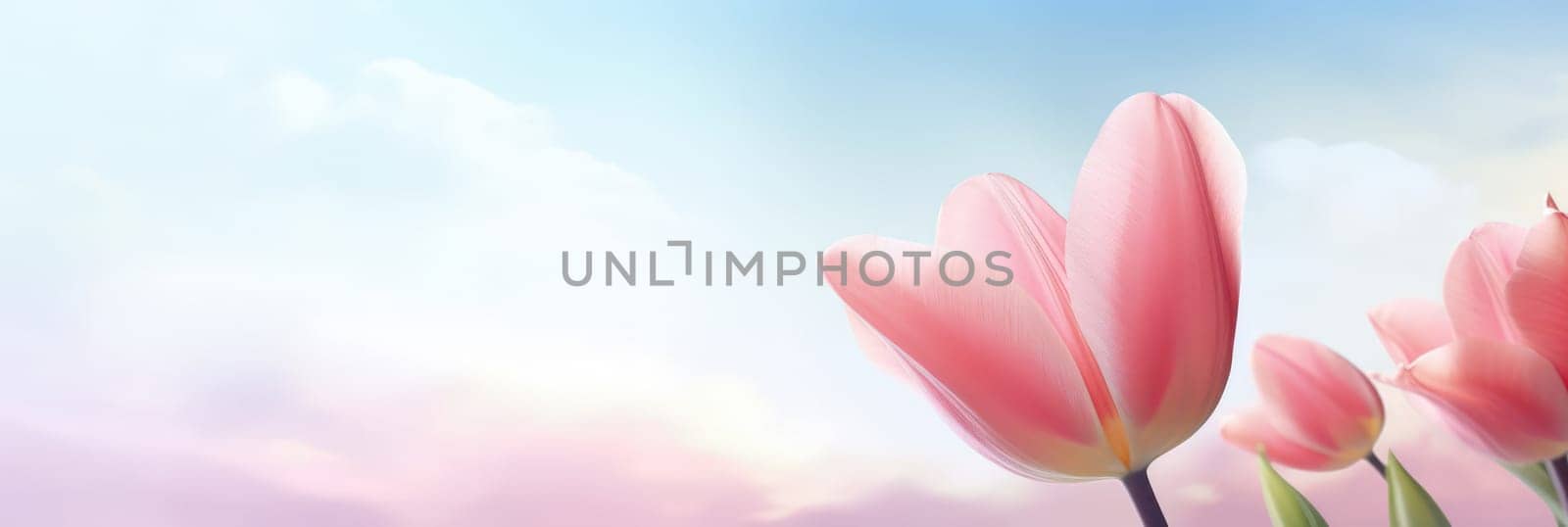 Beautiful celebration pink tulips on pastel background. Concept birthday, Mothers Day, Womens Day, March 8. Spring easter flower background. Spring and easter greeting card design layout. Copy space