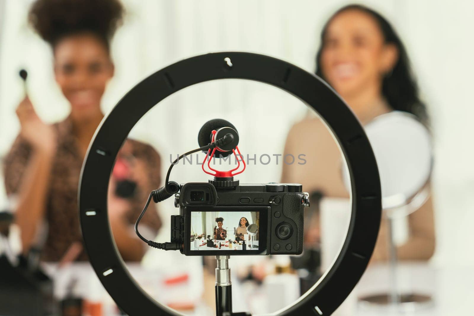Woman influencer shoot live streaming vlog video review makeup crucial social by biancoblue