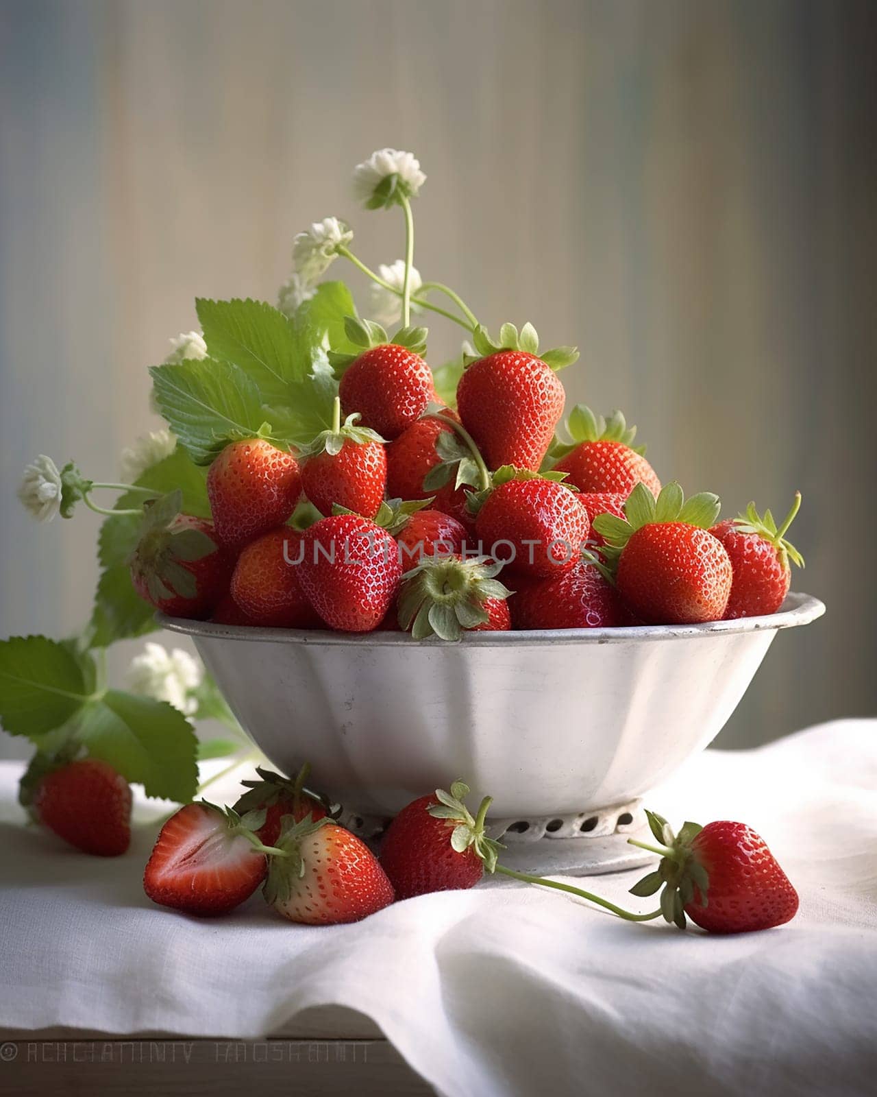 A bowl of ripe strawberries with green leaves against a soft background.