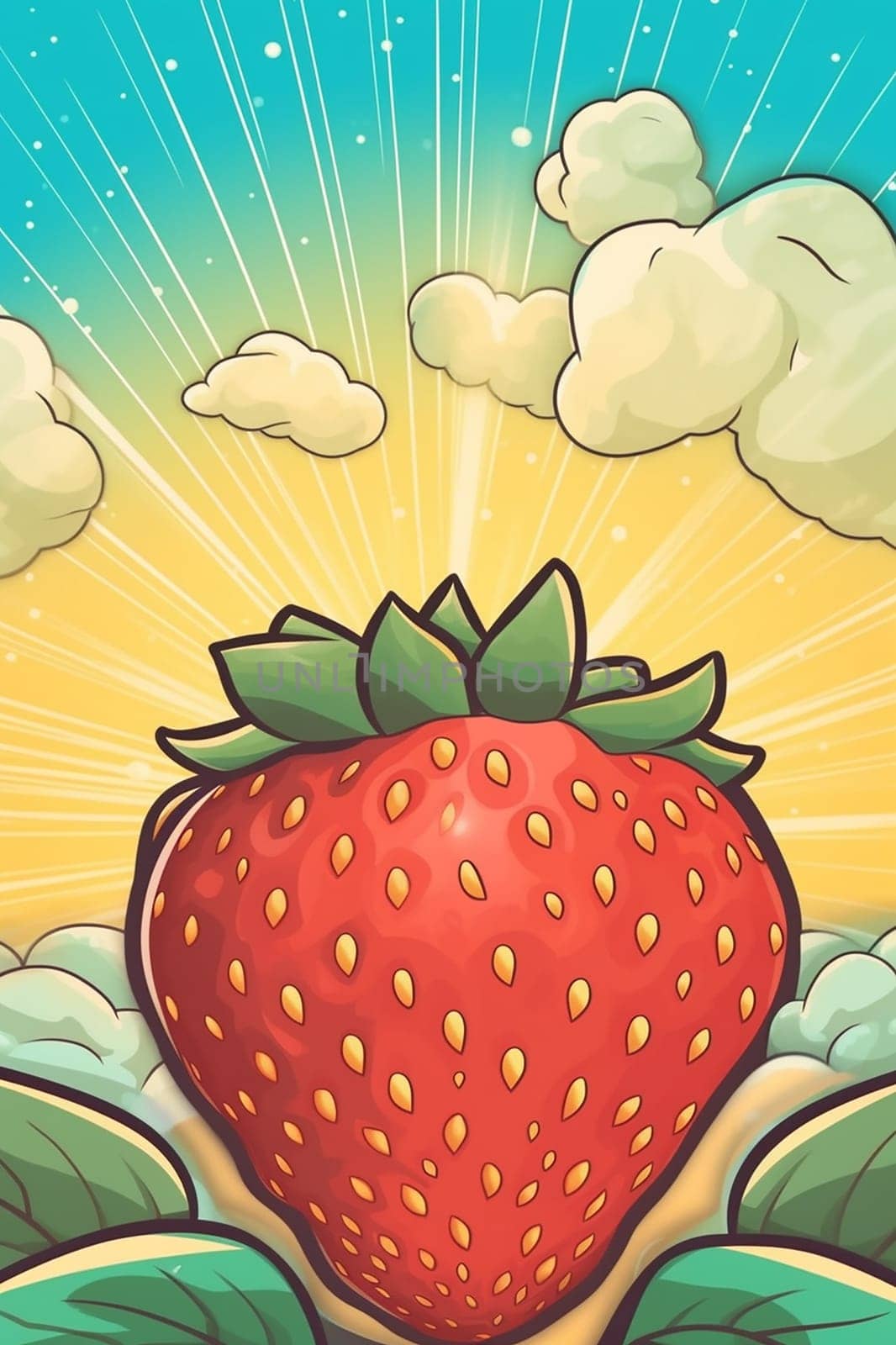 Giant strawberry under a bright sky amid clouds with vector or cartoon style. by Hype2art